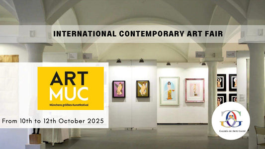 Banner for ART MUC Munich 2025, International Contemporary Art Fair, showing a gallery hall with framed artworks and event details from 10th to 12th October 2025.