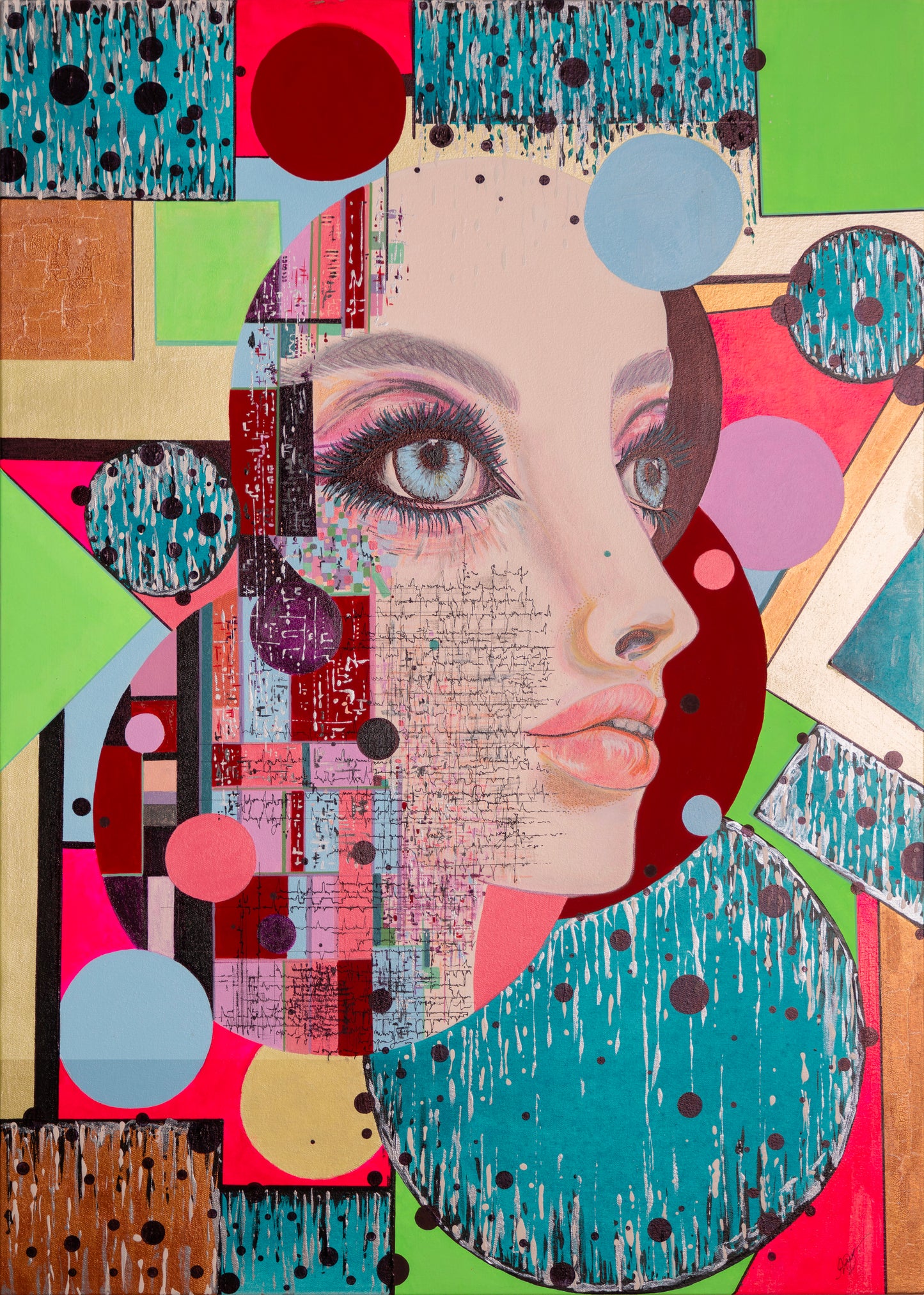 Close-up portrait of a woman integrated into a geometric abstract composition with circles, grids, neon colours, and textured painted patterns.