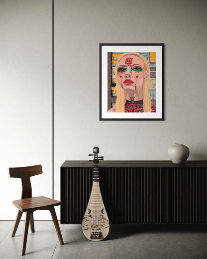 Portrait painting Ambers by Oksana Chashkina displayed above a dark wooden cabinet in a minimalist modern interior with a wooden chair and a decorative string instrument.