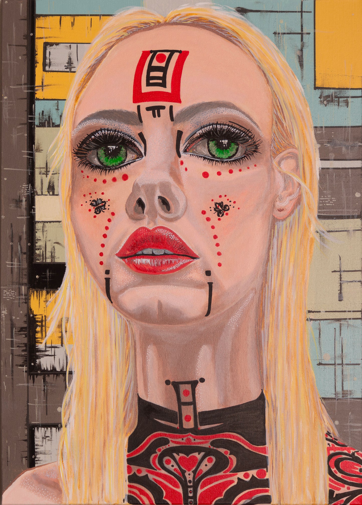 Close-up portrait of a blonde woman with bright green eyes, red geometric face markings, and detailed red patterns on her clothing, set against a background of abstract rectangular shapes.