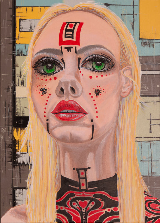 Close-up portrait of a blonde woman with bright green eyes, red geometric face markings, and detailed red patterns on her clothing, set against a background of abstract rectangular shapes.