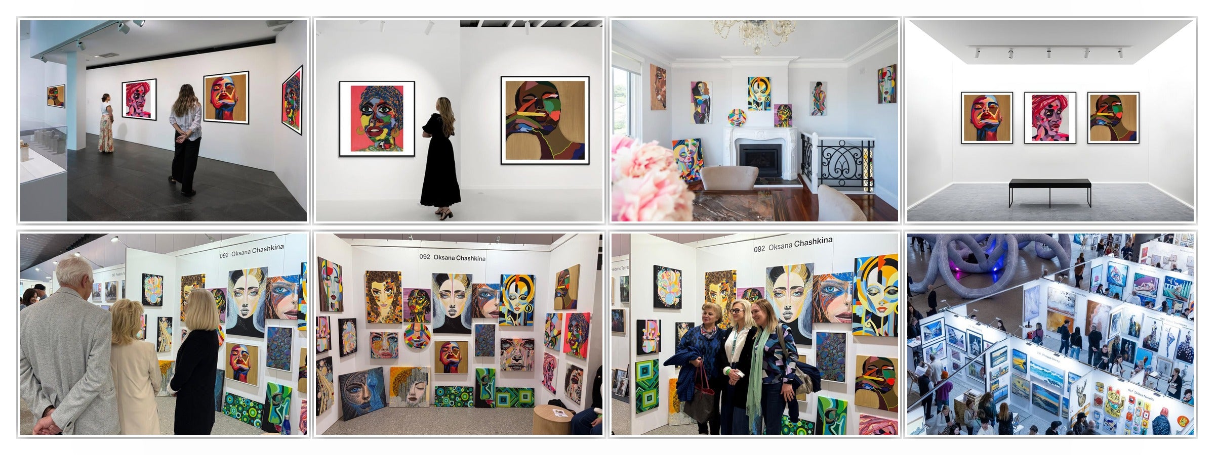 Collage banner showing Oksana Chashkina artworks at international art fairs and gallery exhibitions
