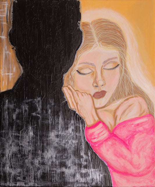 Portrait of a young woman resting her head on her hand with eyes closed, leaning against the dark silhouette of a figure, set against warm yellow and black textured background.