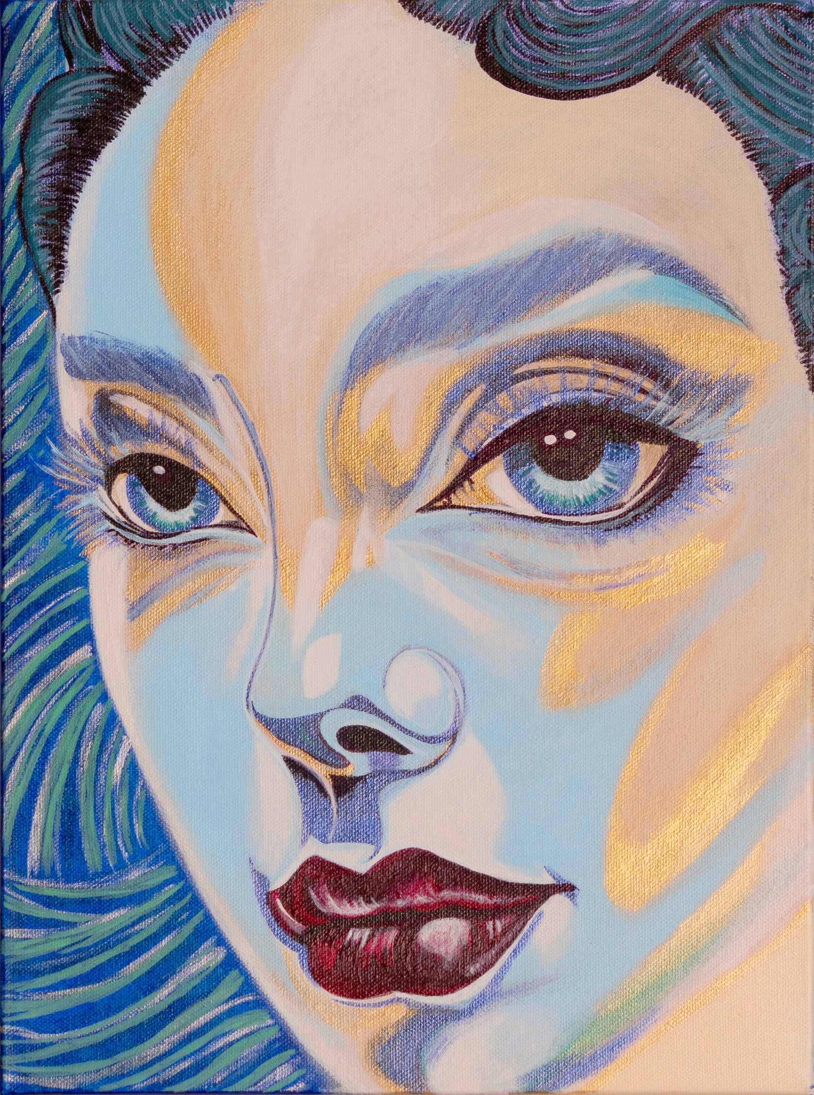 Close-up portrait of a woman with teal and blue hair, blue-toned skin, and green eyes, featuring gold highlights across the face.