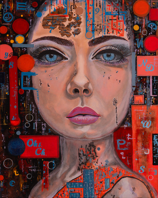 Large portrait of a woman with blue eyes surrounded by red and blue geometric shapes, symbols, and textured abstract patterns across the background and face.