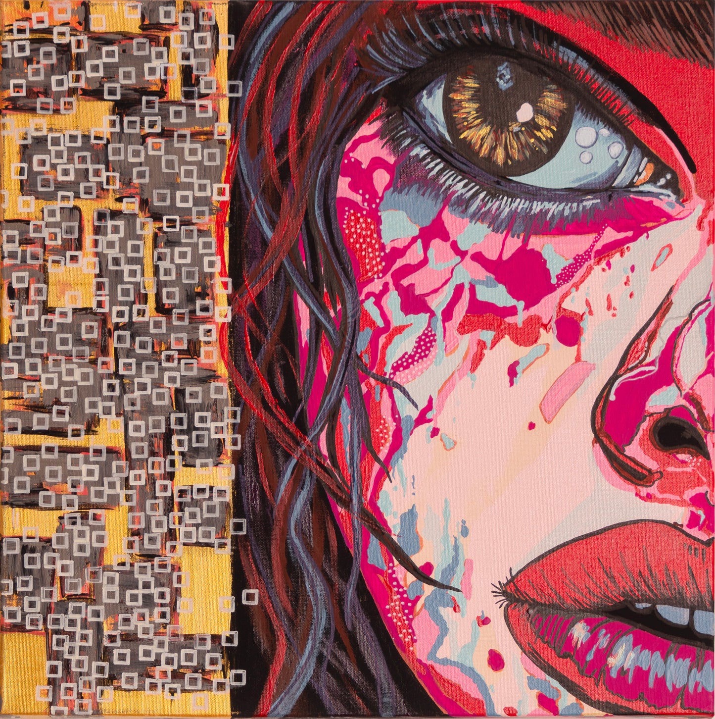 Half-face portrait of a woman in vivid pink and red tones, with textured square patterns on the left side and flowing dark hair.