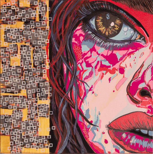 Half-face portrait of a woman in vivid pink and red tones, with textured square patterns on the left side and flowing dark hair.