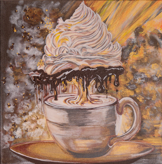 Cup of coffee topped with whipped cream and dripping chocolate, set against a textured background with gold and brown tones.