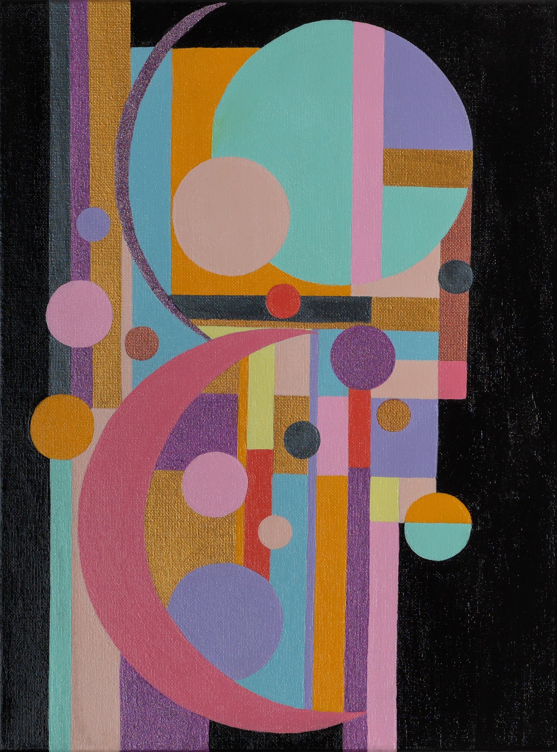 Abstract art piece with geometric shapes and vibrant colors on a black background