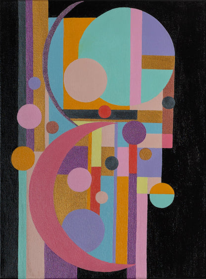 Abstract art piece with geometric shapes and vibrant colors on a black background