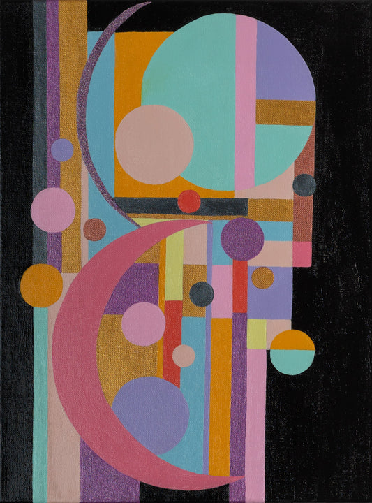 Abstract art piece with geometric shapes and vibrant colors on a black background