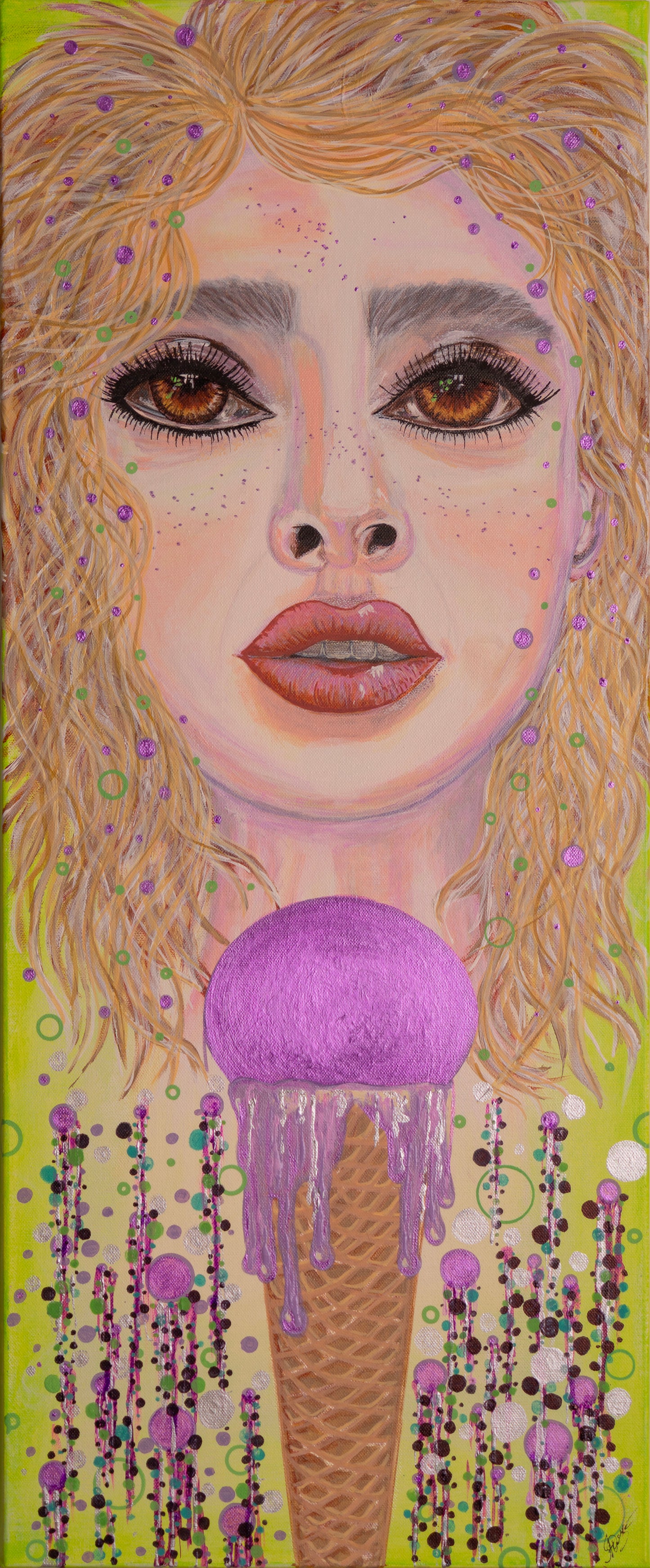 Tall portrait of a woman with brown eyes and wavy blonde hair, surrounded by purple and green dots, holding a large melting purple ice cream cone in front.