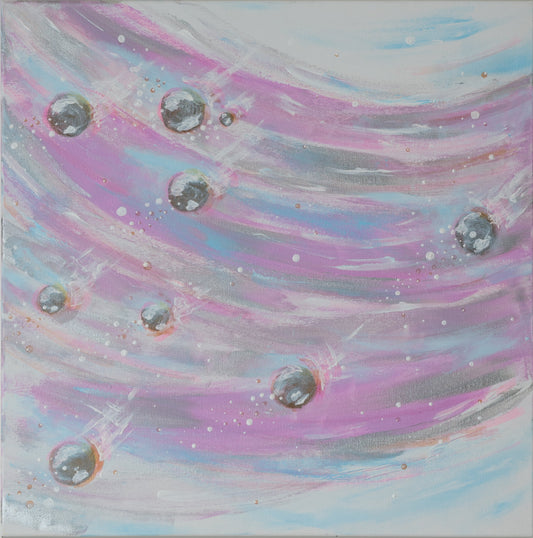 Abstract painting with pastel colors and metallic elements