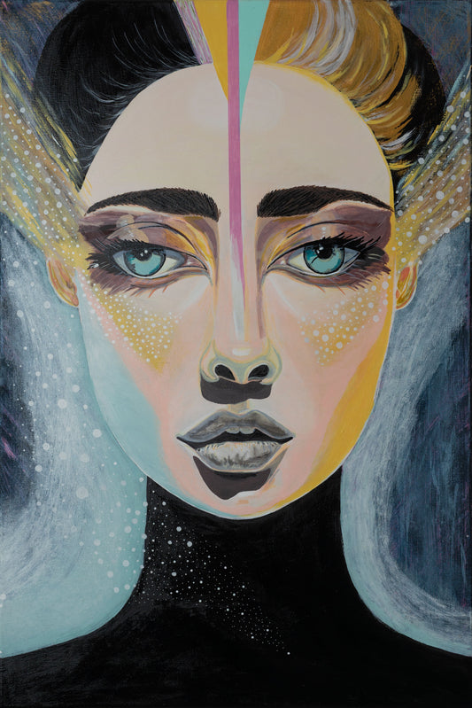 Artistic depiction of a face with geometric patterns and colorful hair against a dark background