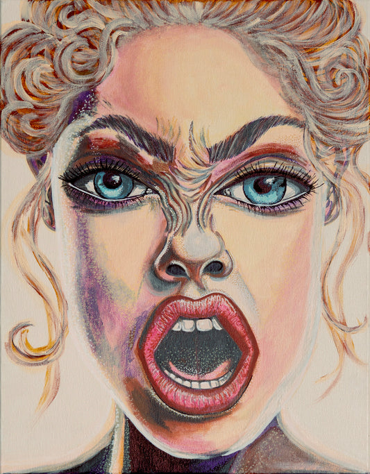 Close-up portrait of a woman with blue eyes, expressive eyebrows, and open mouth, painted with dynamic strokes in warm and cool tones.