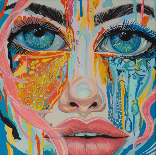 Colorful abstract painting of a face with blue eyes and vibrant patterns.