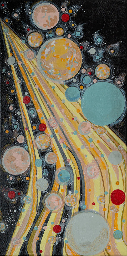 Artistic depiction of planets and celestial bodies with a focus on yellow and blue colors.