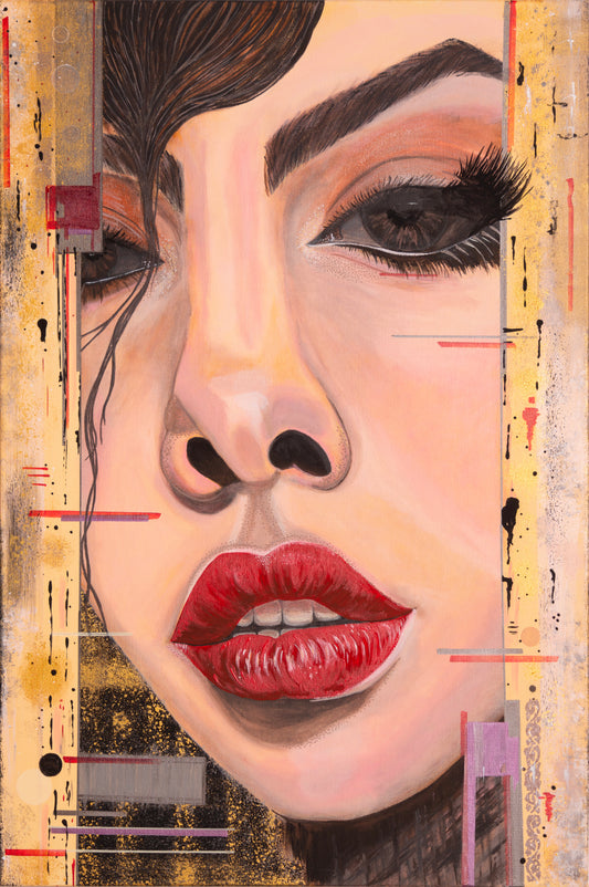 Close-up portrait showing the lower half of a woman's face with red lips and dark eyes, framed by textured gold and red abstract elements.