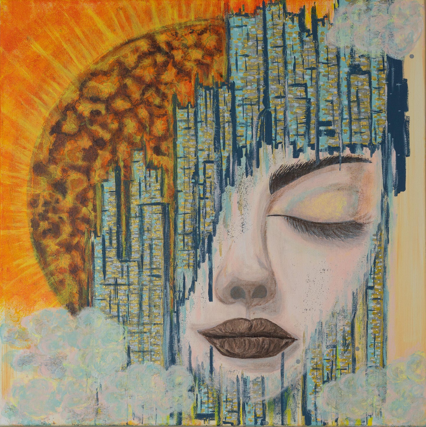 Artistic depiction of a face with abstract patterns and colors