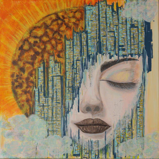 Artistic depiction of a face with abstract patterns and colors