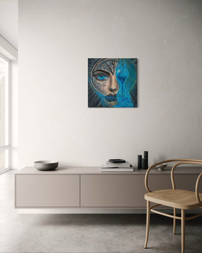 Modern interior with a painting of a face on a wall above a cabinet.