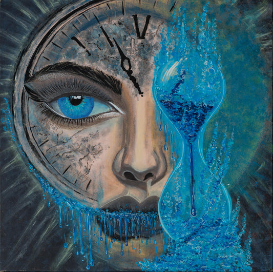 Artistic depiction of a face with a clock and blue liquid, possibly symbolizing time and emotion.