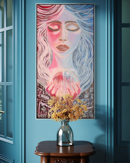 Painting The Universe by Oksana Chashkina hanging in an elegant blue interior above a vintage wooden table with a glass vase filled with dried yellow flowers.