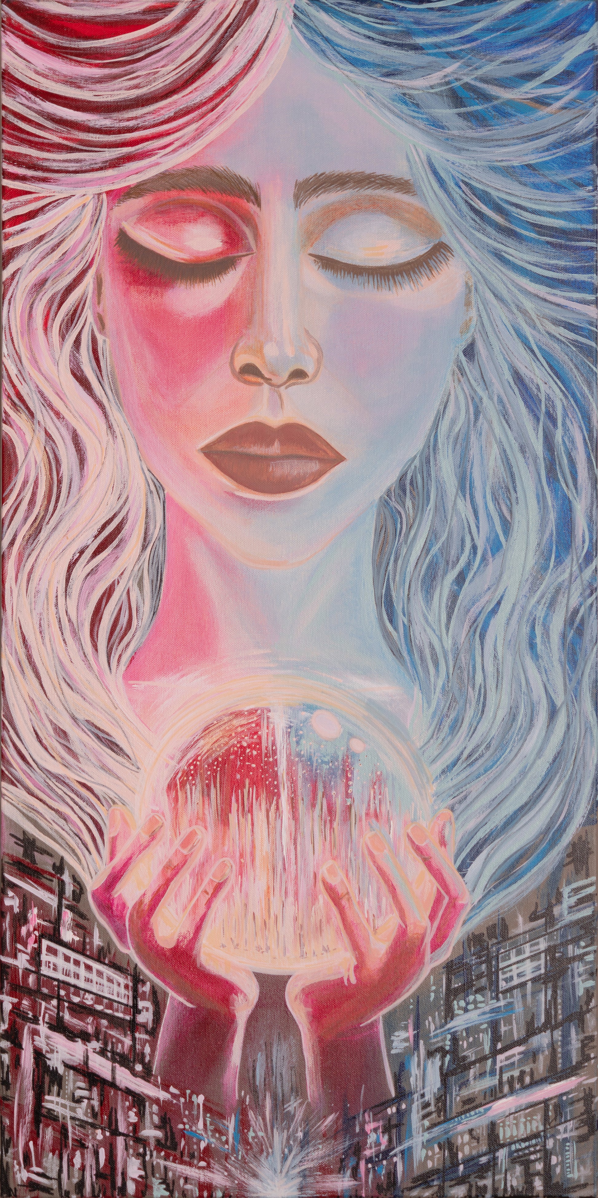 Vertical portrait of a woman with closed eyes and flowing pink and blue hair, holding a glowing sphere with both hands against an abstract city-like background.