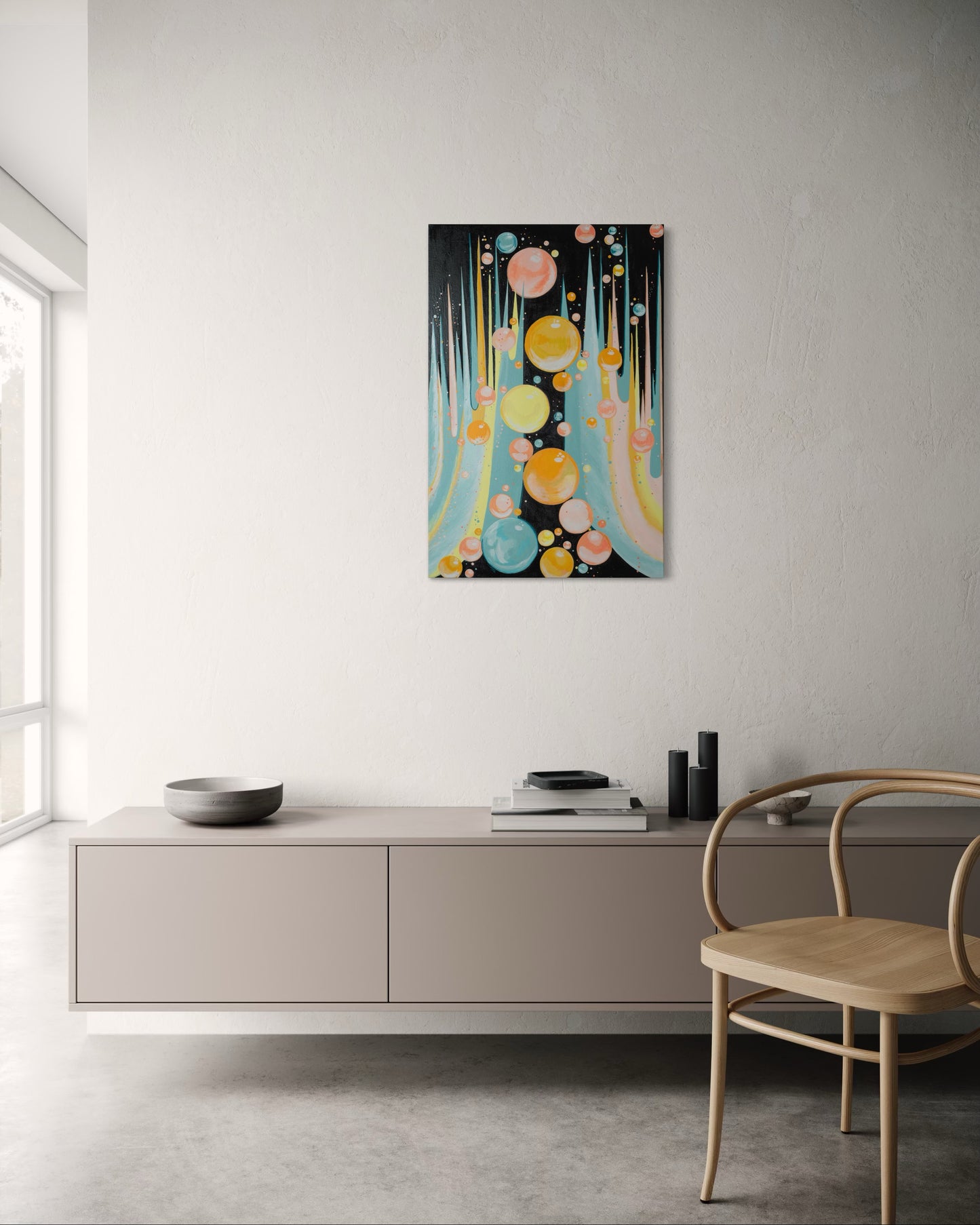 Modern interior with a colorful abstract painting on the wall
