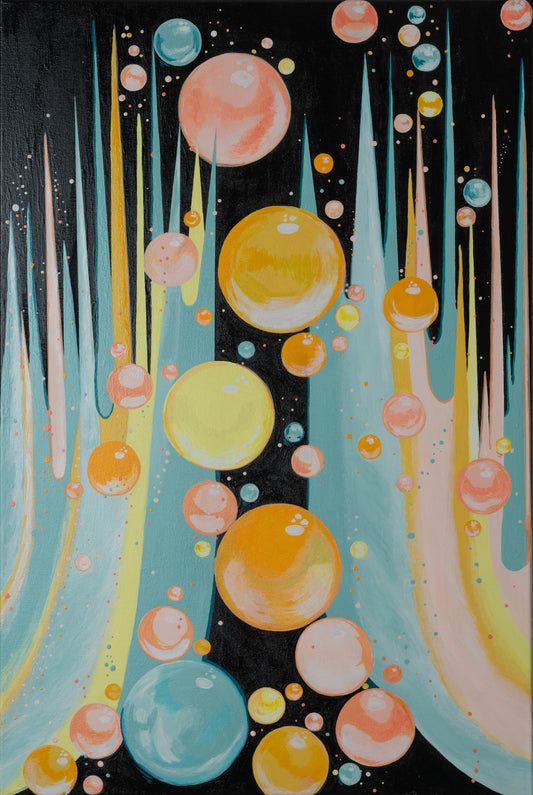 Colorful abstract painting with floating bubbles on a dark background